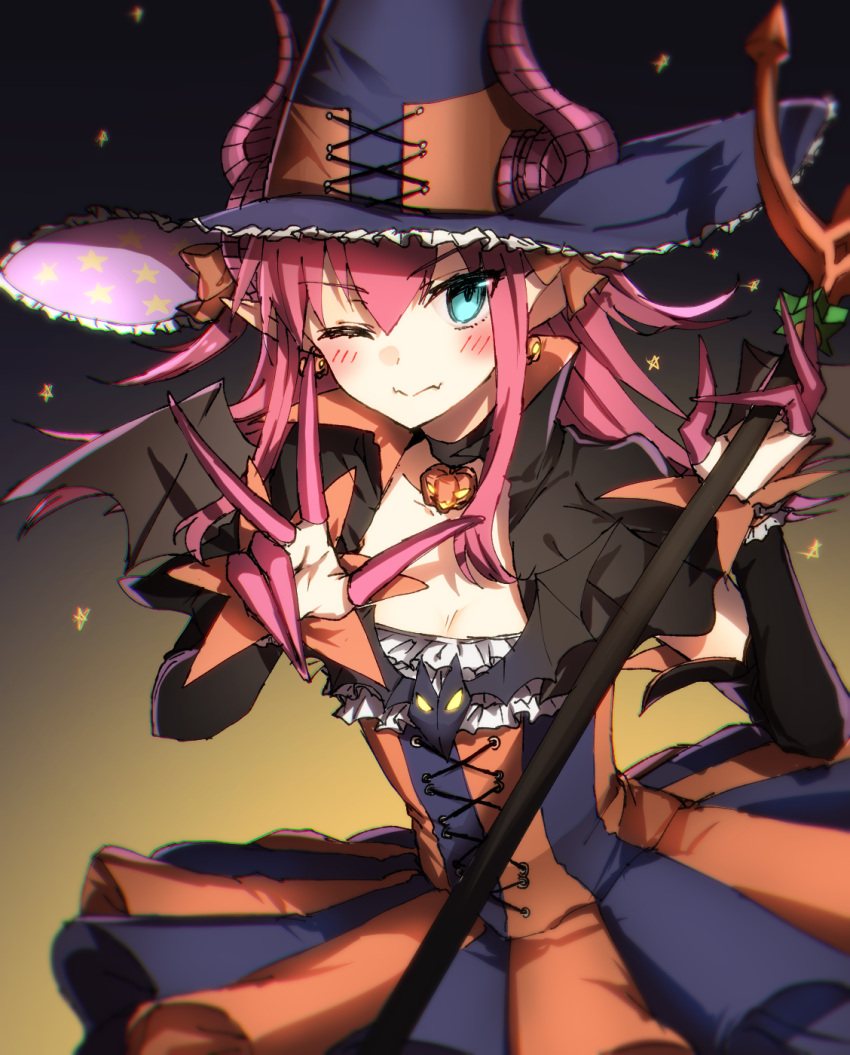 1girl asymmetrical_horns blue_eyes blush chibirisu dress earrings elizabeth_bathory_(halloween)_(fate) eyebrows_visible_through_hair fangs fate/grand_order fate_(series) fingernails gradient gradient_background halloween halloween_costume hat highres holding_spear horns jewelry lancer_(fate/extra_ccc) long_fingernails long_hair looking_at_viewer multicolored multicolored_clothes multicolored_dress one_eye_closed pink_hair pointy_ears polearm pumpkin solo spear star trident weapon wings witch_hat