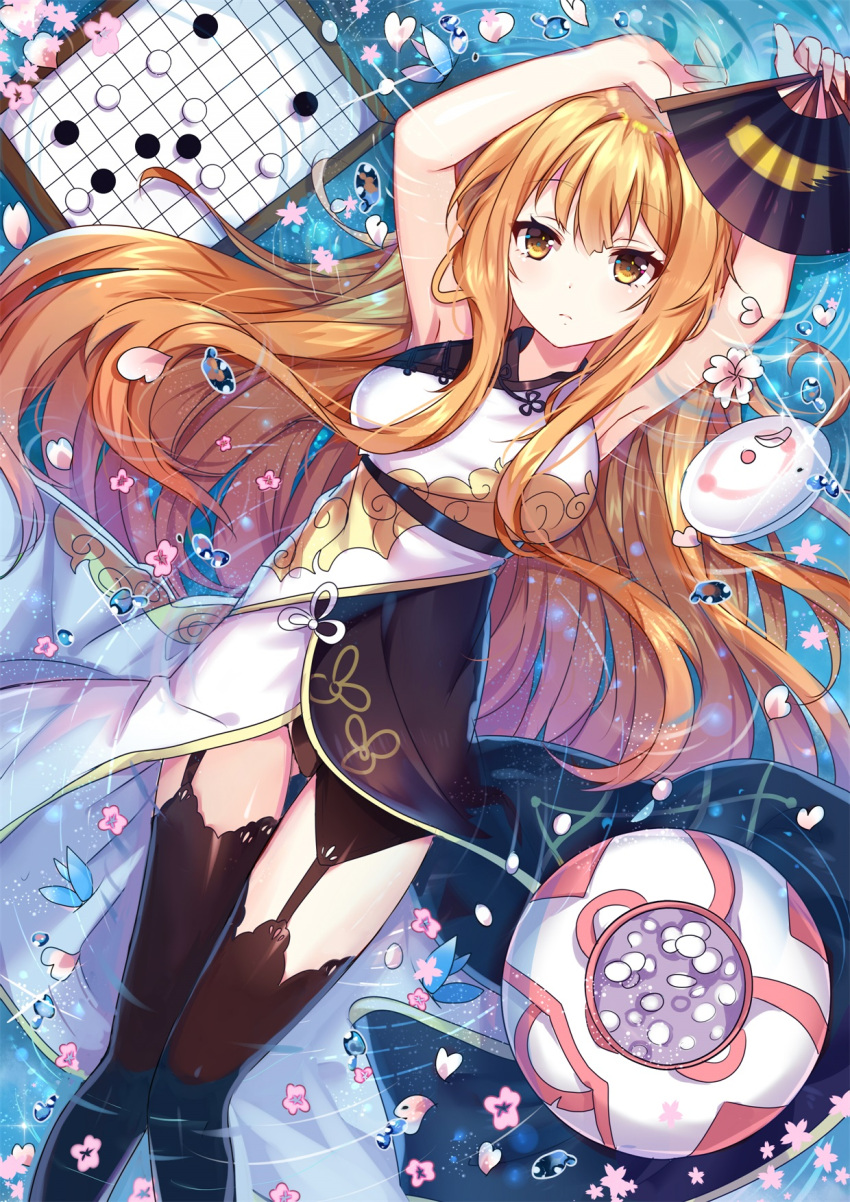1girl afloat arms_up black_legwear board_game brown_eyes butterfly cherry_blossoms droplet fan flower garter_straps gejigejier gluteal_fold go highres japanese_clothes light_brown_hair long_hair looking_at_viewer paper_fan petals ripples tagme thigh-highs