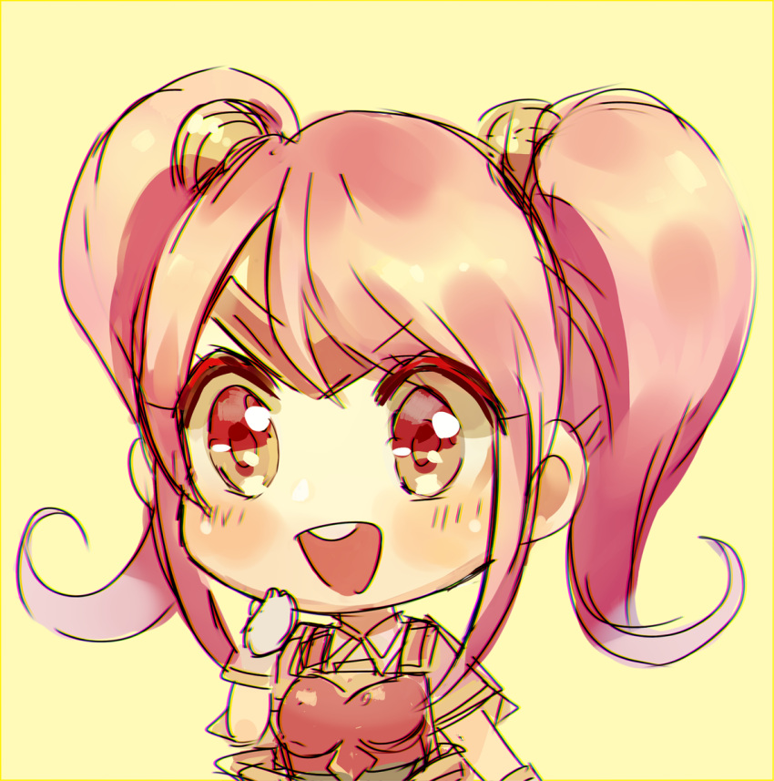 1girl breastplate chibi circlet fire_emblem fire_emblem_echoes:_mou_hitori_no_eiyuuou gloves highres kash-phia long_hair mae_(fire_emblem) open_mouth pink_eyes pink_hair portrait simple_background solo teeth twintails yellow_background