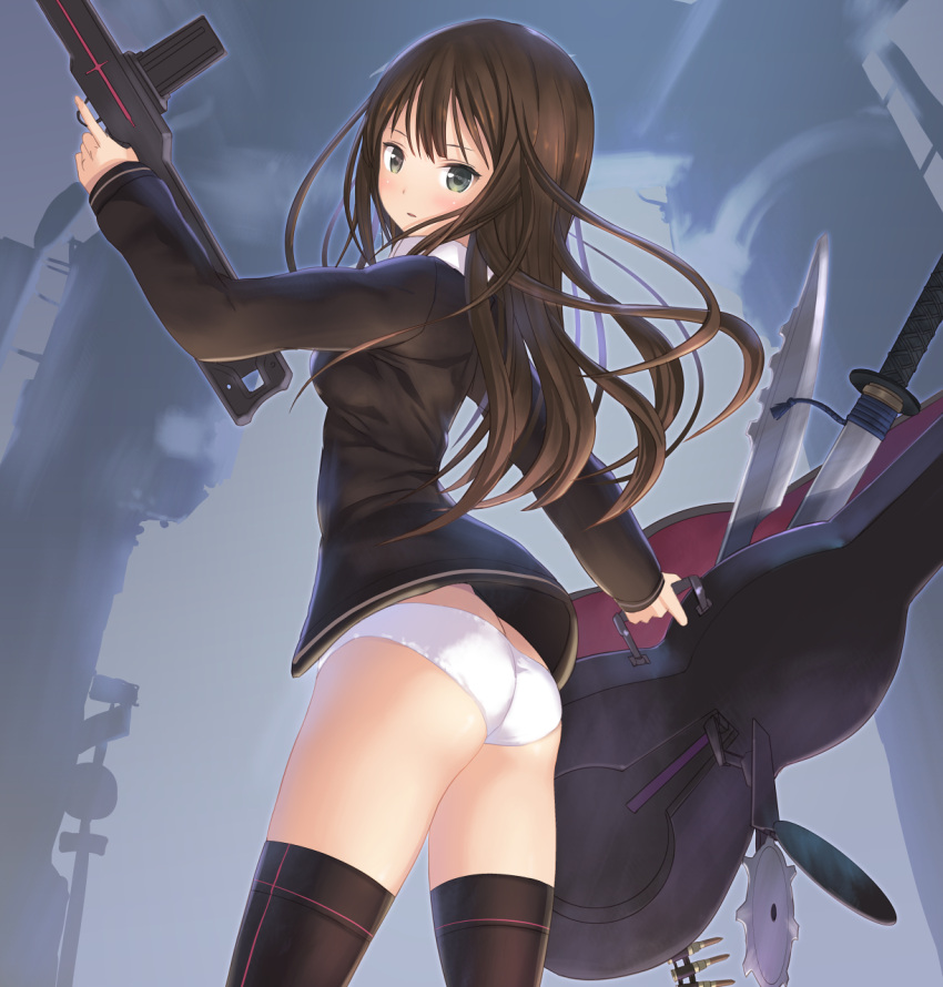 1girl ass bangs black_legwear blush brown_hair cardigan from_side green_eyes guitar_case gun highres holding holding_gun holding_weapon idolmaster idolmaster_cinderella_girls instrument_case katana long_hair looking_at_viewer looking_back no_pants panties pantyshot pantyshot_(standing) parted_lips rifle shibuya_rin skirt solo standing sword thigh-highs thighs torn_clothes torn_skirt tougetsu_gou underwear weapon white_panties