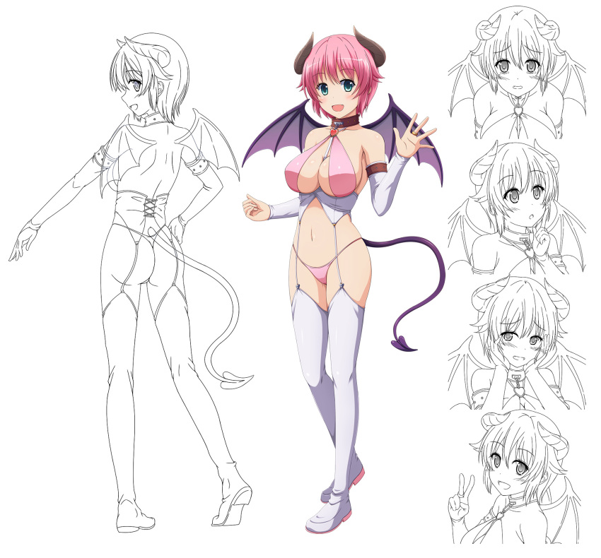 1girl :o aqua_eyes arm_warmers back bangs blush breasts character_sheet cleavage corset demon_girl demon_horns demon_tail demon_wings eyebrows_visible_through_hair flats full_body garter_belt garter_straps hair_flaps hands_on_own_cheeks hands_on_own_face heart_choker highres horns index_finger_raised large_breasts lineart lingerie looking_at_viewer multiple_views open_mouth original pink_bikini pink_hair revealing_clothes shira-nyoro short_hair simple_background sketch smile standing succubus tail thigh-highs thong underwear v waving white_background white_legwear wings