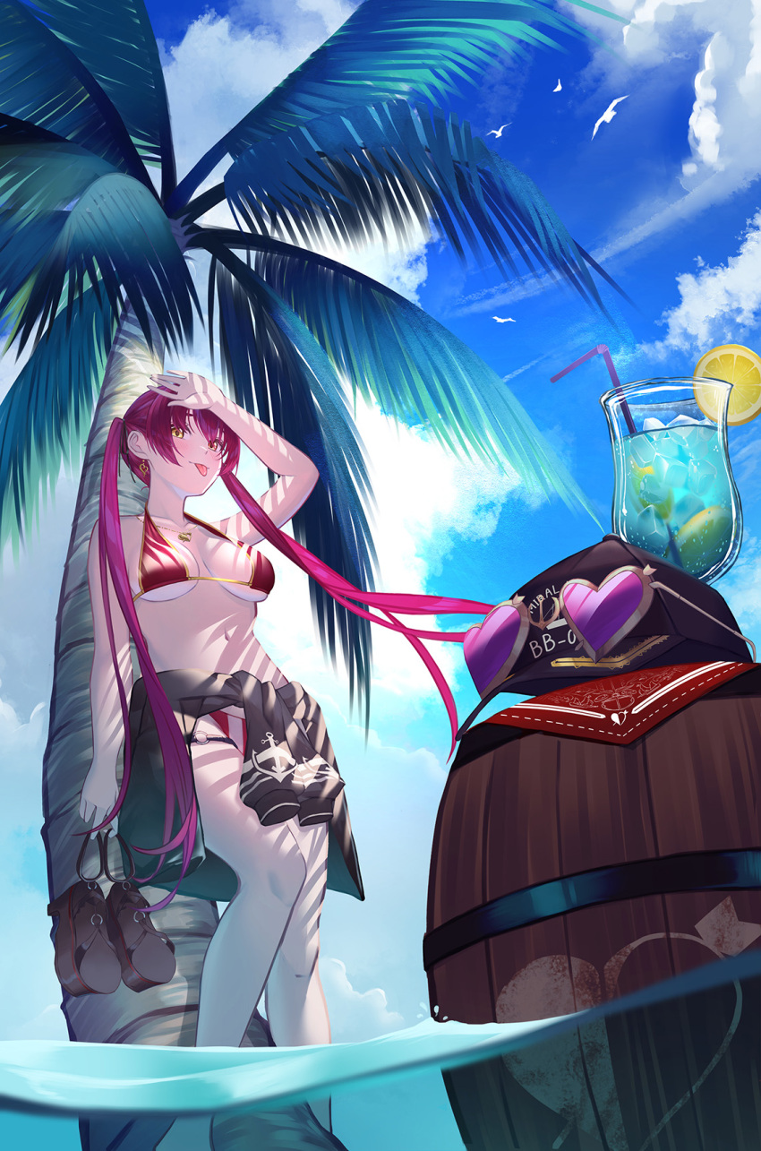 1girl arm_up arrow_through_heart barefoot barrel baseball_cap bikini black_jacket breasts clothes_around_waist clouds cup drinking_glass drinking_straw food fruit halterneck hat heterochromia highres holding holding_shoes hololive houshou_marine jacket jacket_around_waist large_breasts lemon lemon_slice palm_tree red_bikini red_eyes shoes sky skymax solo sunglasses swimsuit thigh_strap tongue tongue_out tree twintails under_boob virtual_youtuber water yellow_eyes