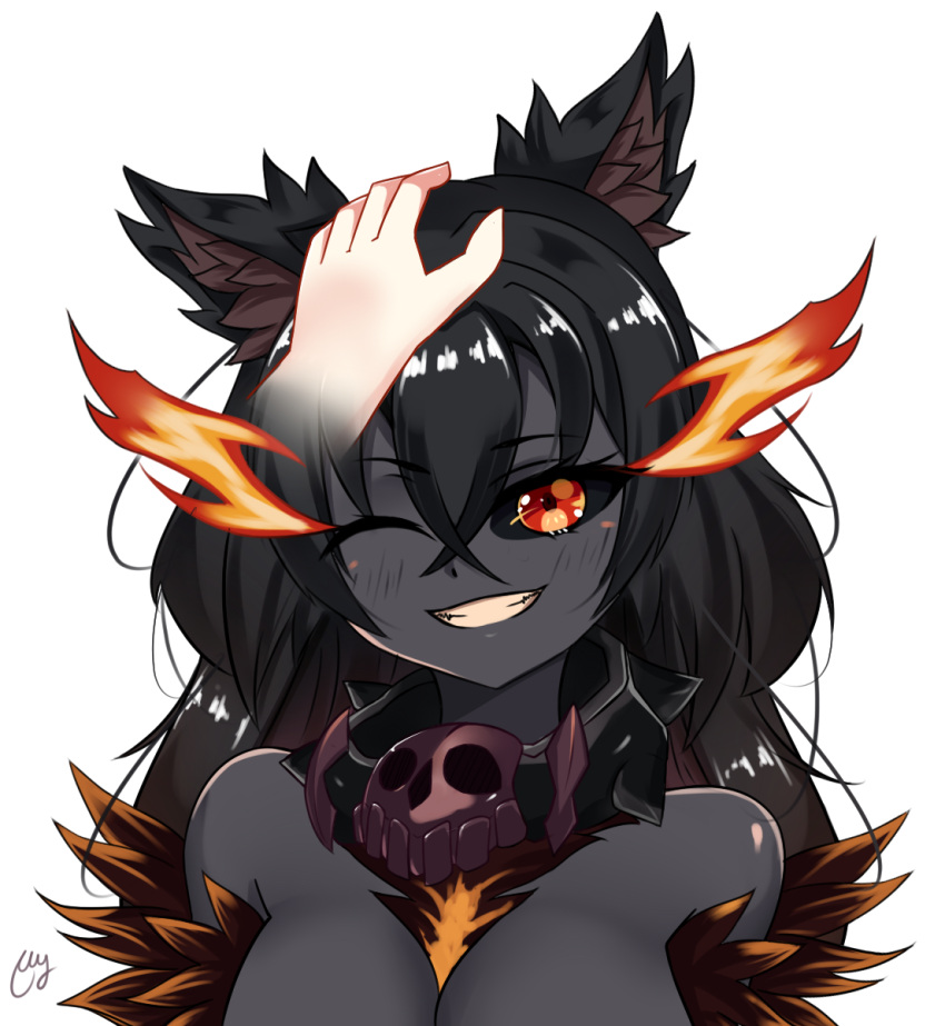 1girl ;) animal_ears bare_shoulders black_hair black_sclera black_skin burning_eyes collar disembodied_limb dog_ears eyebrows_visible_through_hair fur grin haelequin hand_on_another's_head hellhound highres long_hair looking_at_viewer monster_girl monster_girl_encyclopedia one_eye_closed petting pov red_eyes shiny shiny_hair signature smile solo spiked_collar spikes teeth transparent_background upper_body