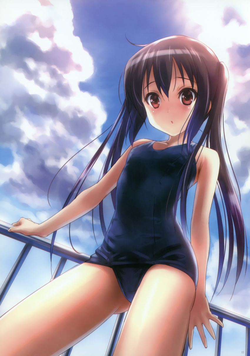 1girl :o absurdres arm_support black_hair blush clouds day flat_chest from_below goto_p highres k-on! long_hair looking_down nakano_azusa one-piece_swimsuit open_mouth red_eyes scan school_swimsuit sky solo swimsuit twintails