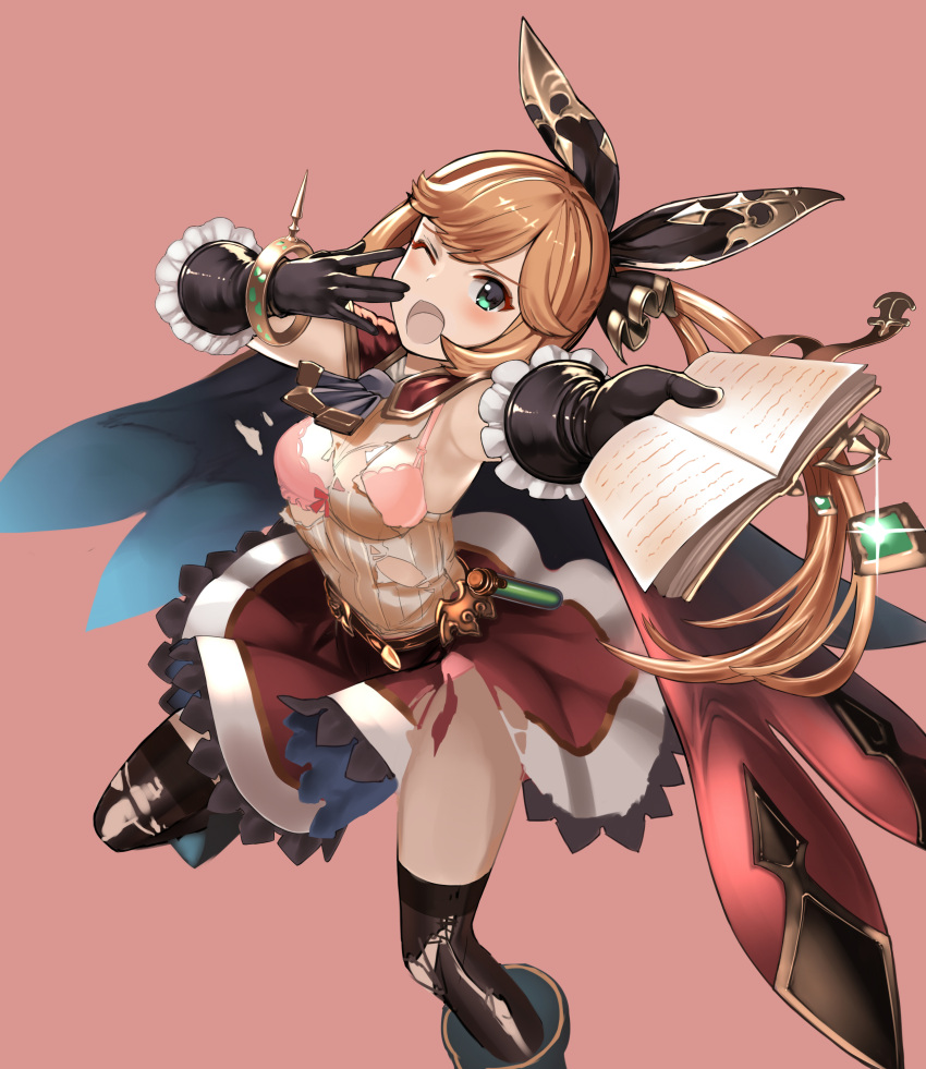 1girl absurdres black_legwear blush book bra breasts brown_hair cape clarisse_(granblue_fantasy) gloves granblue_fantasy green_eyes highres long_hair looking_at_viewer one_eye_closed open_mouth outstretched_arm panties pink_bra pink_panties ryou_(effort) skirt smile solo thigh-highs torn_clothes underwear very_long_hair