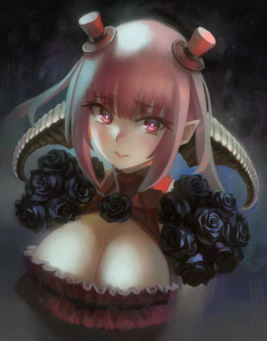 1girl astaroth_(the_seven_deadly_sins) black_rose blush breasts cleavage cleavage_cutout closed_mouth eyebrows_visible_through_hair flower frills hat highres horns large_breasts lips long_hair looking_at_viewer mini_hat mini_top_hat pink_eyes pink_hair pointy_ears red_hat rose solo the_seven_deadly_sins top_hat upper_body visqi
