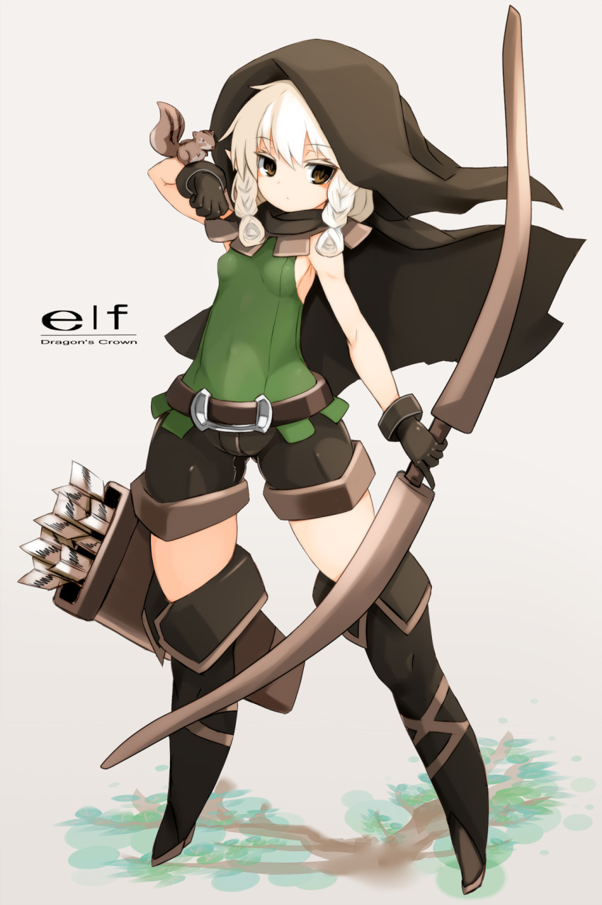 1girl arrow belt blonde_hair boots bow_(weapon) braid brown_eyes cloak dragon's_crown elf elf_(dragon's_crown) gloves highres hood karukan_(monjya) long_hair pointy_ears quiver shorts sleeveless squirrel thigh-highs thigh_boots twin_braids weapon