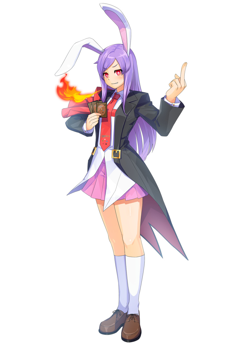 1girl animal_ears bangs black_coat blush breathing_fire brown_shoes coat collared_shirt cookie_(touhou) cosplay fire full_body guilty_gear guilty_gear_xrd highres kneehighs long_hair long_sleeves looking_at_viewer magic:_the_gathering middle_finger necktie open_clothes open_coat pink_skirt pleated_skirt purple_hair rabbit_ears red_eyes red_necktie reisen_udongein_inaba shirt shoes sidelocks skirt slayer_(guilty_gear) slayer_(guilty_gear)_(cosplay) smirk solo standing swept_bangs tailcoat tarmo touhou transparent_background white_legwear white_shirt