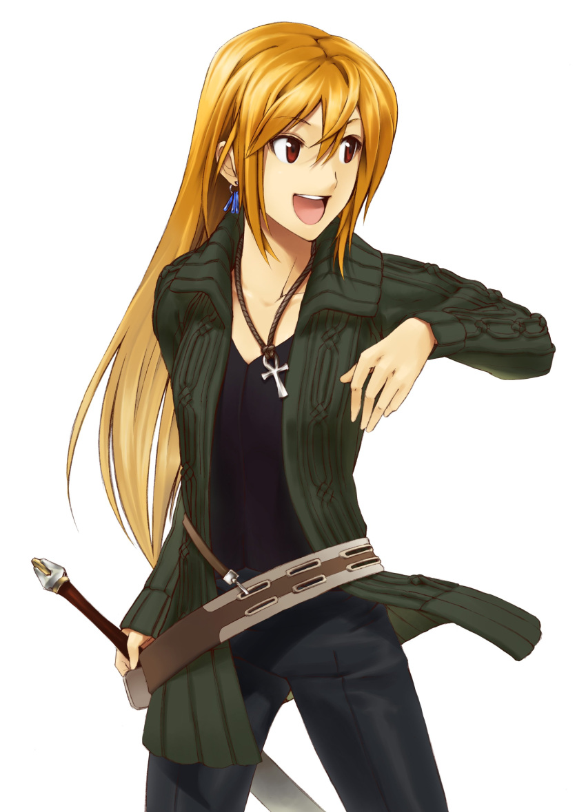1girl absurdres ankh ankh_necklace belt earrings hand_up highres jacket jewelry long_hair open_clothes open_jacket open_mouth orange_hair original poaro red_eyes sidelocks simple_background smile solo sword v-neck weapon white_background