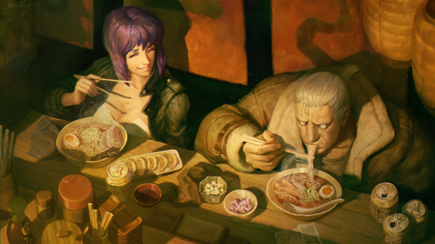 1boy 1girl batou beer_can bowl breasts can casual chopsticks cleavage closed_eyes eating food ghost_in_the_shell hellstern highres jacket kusanagi_motoko meat noodles ramen sitting smile