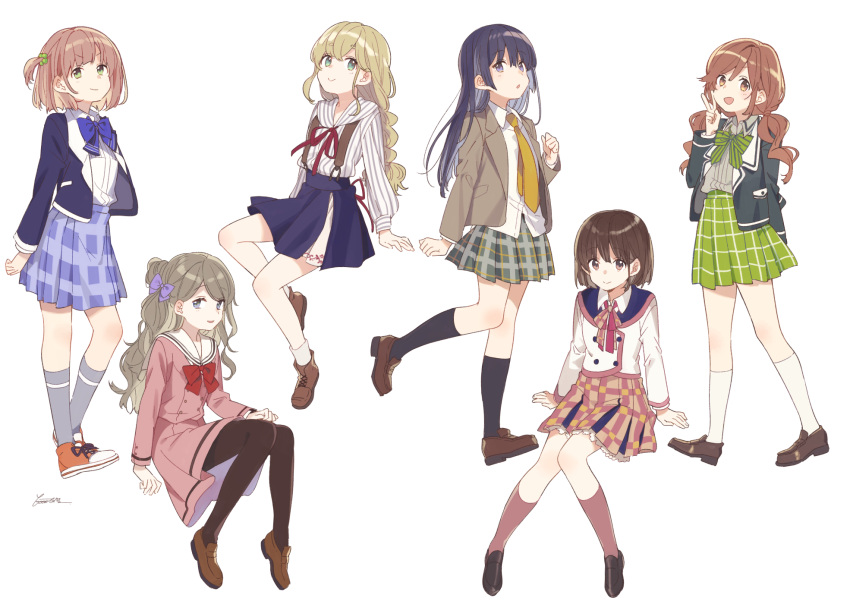 &gt;:) 6+girls artist_name bangs black_legwear black_shoes blazer blonde_hair blouse blue_eyes blue_hair blue_skirt blush booota bow bowtie braid brown_hair brown_legwear brown_shoes closed_mouth collared_shirt dress dress_shirt eyebrows_visible_through_hair full_body green_bow green_bowtie green_eyes green_skirt grey_hair grey_legwear hand_up high-waist_skirt highres jacket kneehighs knees_together_feet_apart loafers long_hair long_sleeves looking_at_viewer low_twintails multiple_girls necktie one_side_up open_blazer open_clothes open_jacket original pantyhose parted_lips plaid plaid_skirt pleated_skirt ponytail sailor_dress school_uniform shirt shoes short_hair signature simple_background single_braid sitting skirt smile smug sneakers socks standing striped striped_bow striped_bowtie striped_shirt suspenders tareme twintails v wavy_hair white_background white_blouse white_legwear white_shirt yellow_necktie