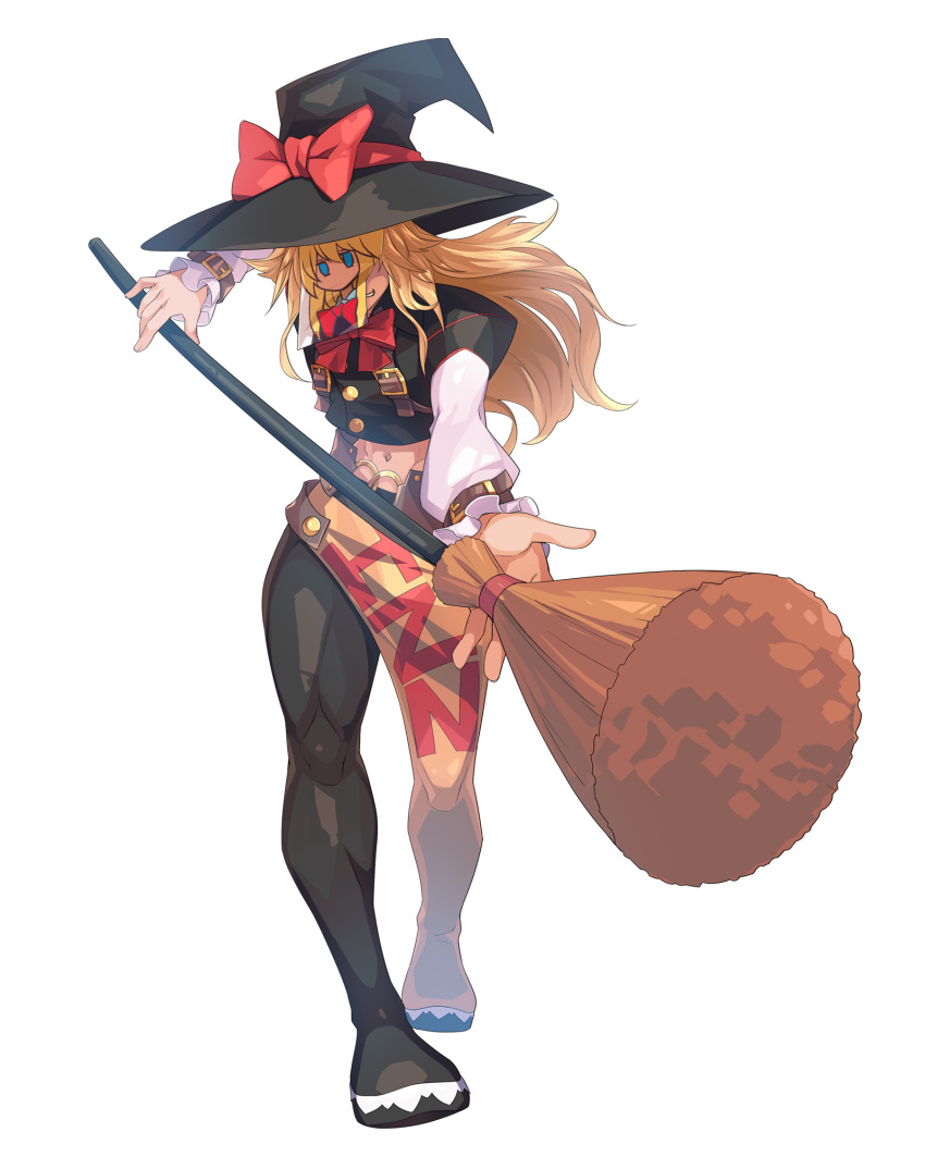1boy belt black_hat blonde_hair bow bowtie broom cookie_(touhou) cosplay full_body guilty_gear guilty_gear_xrd hat hat_bow highres holding holding_broom kirisame_marisa long_hair long_sleeves midriff navel red_bow red_bowtie sidelocks solo standing stomach tarmo touhou transparent_background venom_(guilty_gear) venom_(guilty_gear)_(cosplay) witch_hat