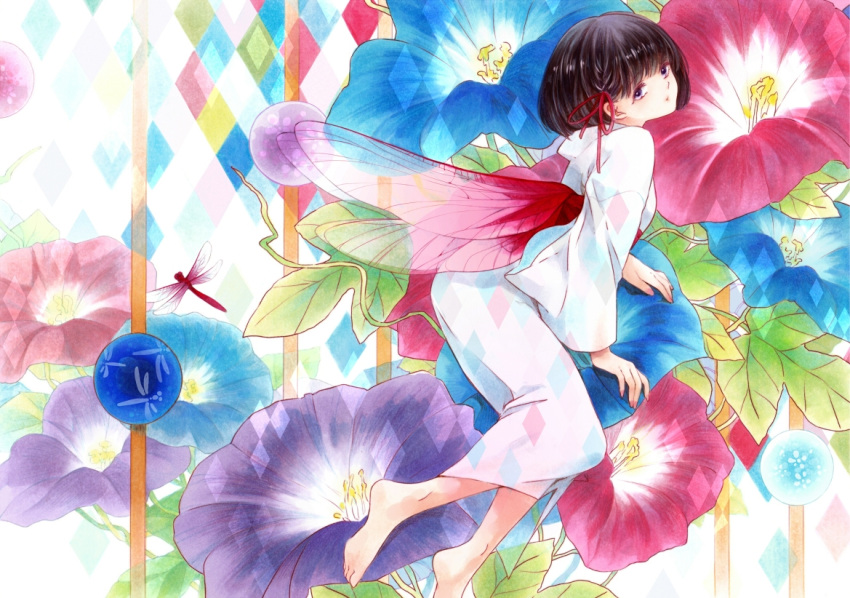 1girl barefoot black_hair dekitani dragonfly dress fairy_wings flower hair_ribbon insect looking_at_viewer morning_glory original red_ribbon ribbon see-through solo violet_eyes white_dress wings