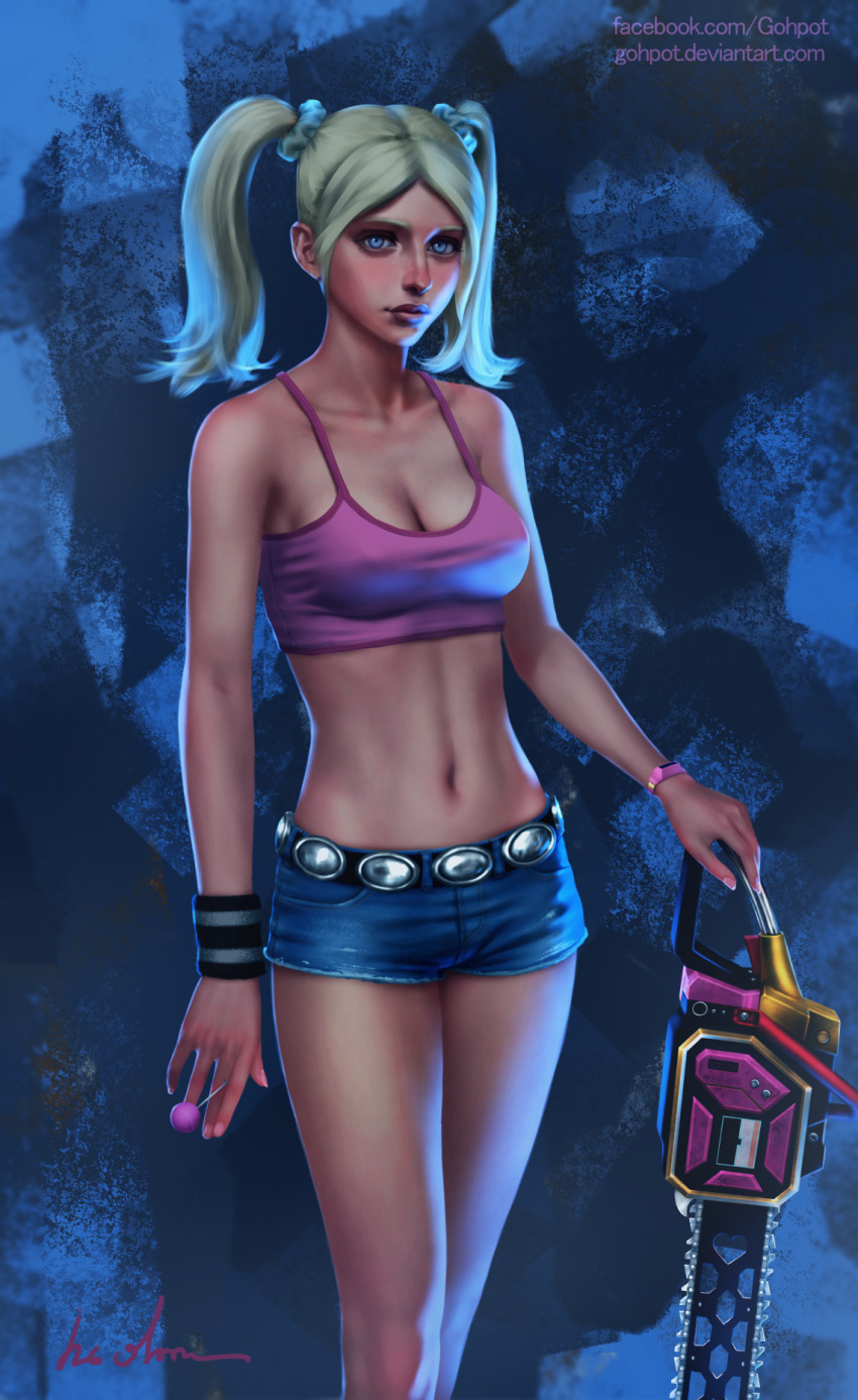 1girl arm_at_side bare_shoulders belt blonde_hair blue_eyes blue_shorts breasts candy chainsaw cleavage closed_mouth collarbone cowboy_shot crop_top denim denim_shorts deviantart_username facebook_username food gohpot hair_ornament hair_scrunchie highres juliet_starling legs_together lips lollipop lollipop_chainsaw medium_breasts midriff nail_polish navel nose pink_nails realistic scrunchie shirt short_shorts shorts solo spaghetti_strap standing stomach tank_top taut_clothes taut_shirt twintails watch watch watermark web_address wristband