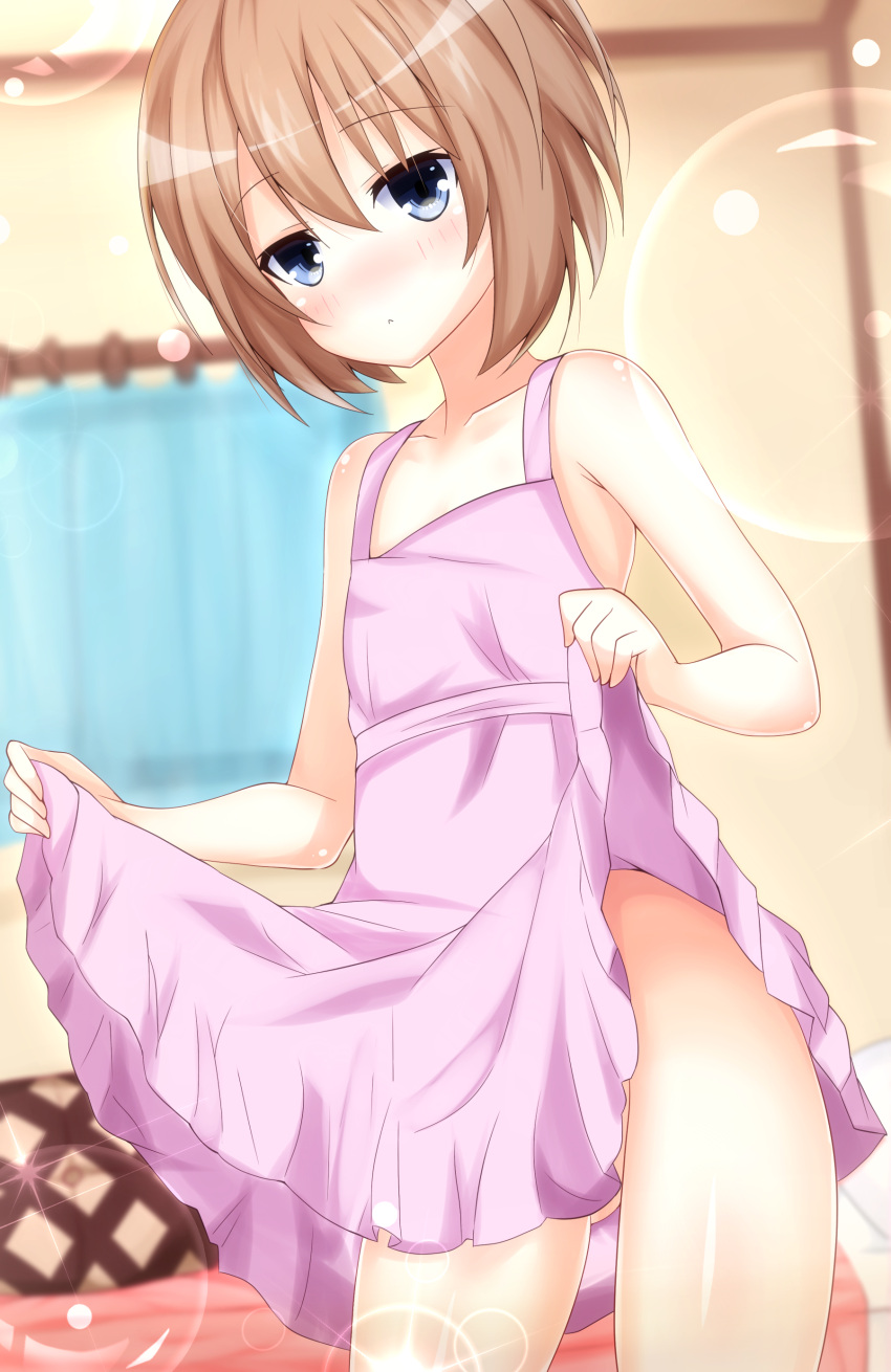 1girl absurdres apron apron_lift bare_shoulders blanc blue_eyes blush brown_hair haru_blanc0316 highres looking_at_viewer naked_apron neptune_(series) short_hair solo