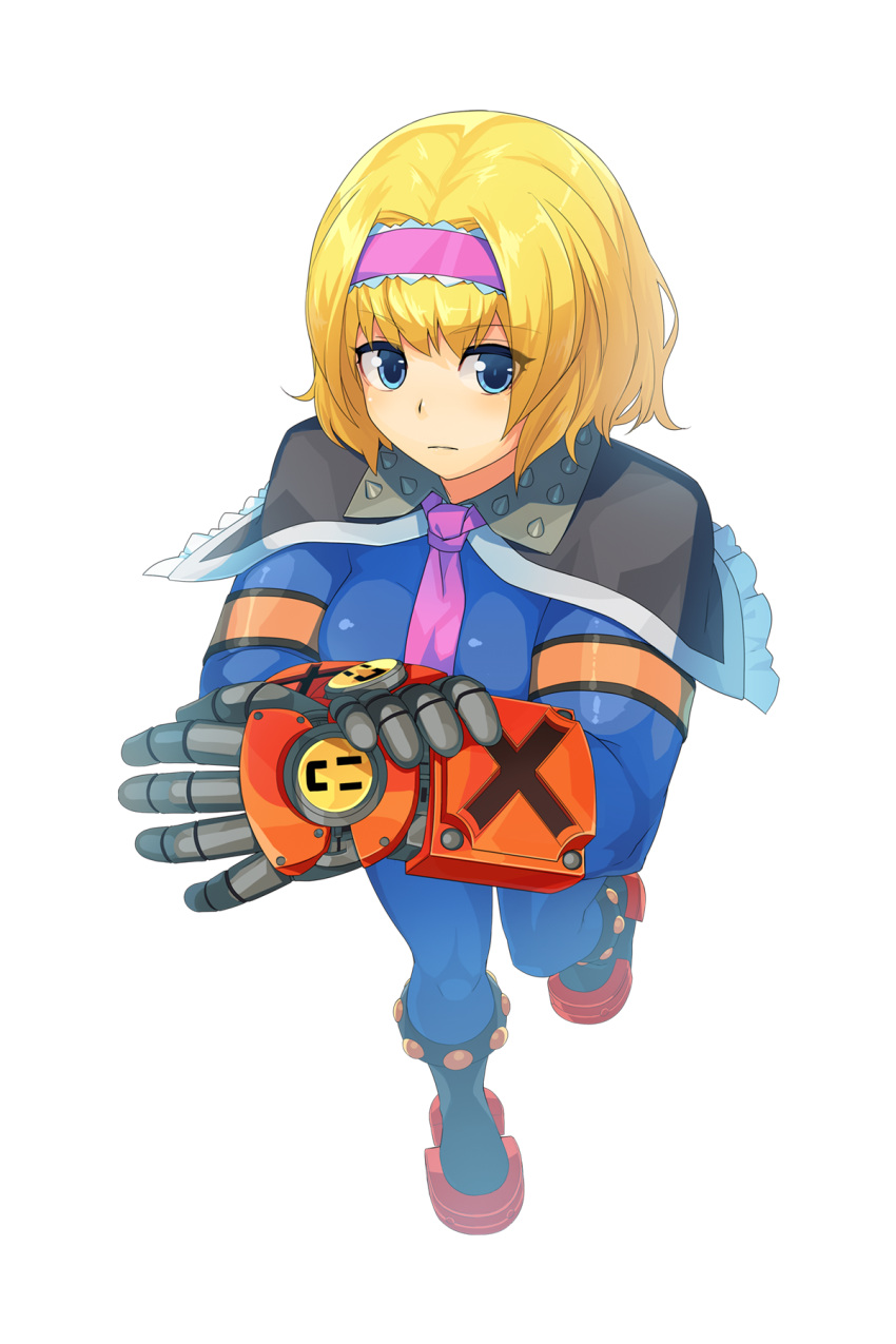 1girl alice_margatroid bangs blonde_hair blue_eyes boots breasts capelet closed_mouth commentary_request cookie_(touhou) cosplay expressionless eyebrows_visible_through_hair full_body gauntlets guilty_gear guilty_gear_xrd hairband highres looking_at_viewer medium_breasts necktie pink_necktie potemkin_(guilty_gear) potemkin_(guilty_gear)_(cosplay) short_hair solo standing tarmo touhou transparent_background