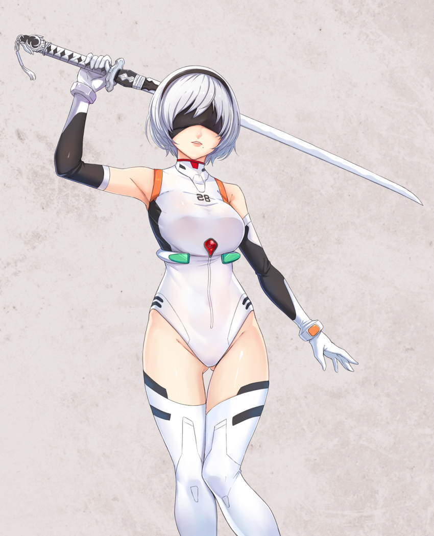 1girl adapted_costume arm_up ayanami_rei ayanami_rei_(cosplay) bangs bare_shoulders black_hairband blindfold boots bracer breasts character_name clothes_writing cosplay covered_eyes cowboy_shot detached_sleeves gloves gluteal_fold groin hairband highleg highleg_leotard highres holding holding_sword holding_weapon jun_(goodgun7) katana knee_pads leotard looking_at_viewer medium_breasts mole mole_under_mouth neon_genesis_evangelion nier_(series) nier_automata parted_lips pink_lips short_hair silver_hair skin_tight sleeveless smile solo sword tassel teeth thigh-highs thigh_boots turtleneck weapon white_boots white_gloves white_leotard yorha_no._2_type_b