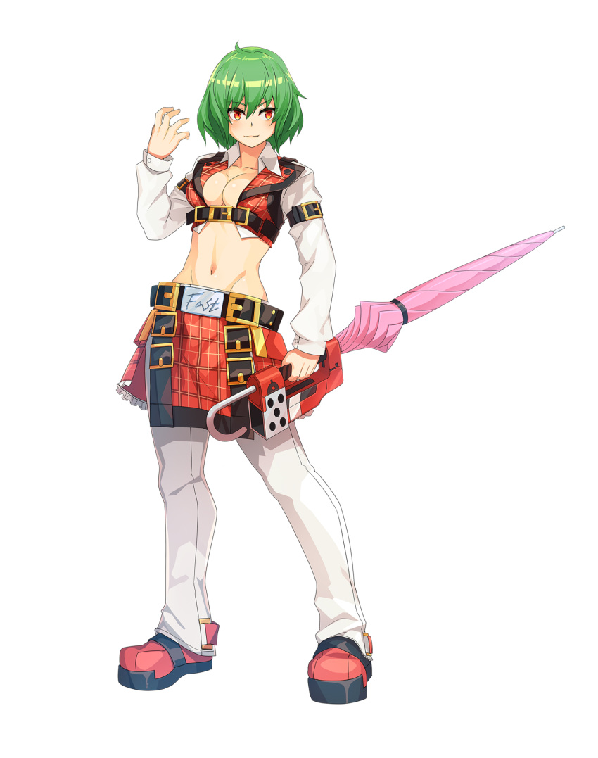 1girl bangs belt breasts cleavage closed_mouth collared_shirt cookie_(touhou) cosplay cropped_jacket cropped_shirt eyebrows_visible_through_hair full_body green_hair guilty_gear guilty_gear_xrd hair_between_eyes hand_up highres holding holding_weapon kazami_yuuka long_sleeves looking_at_viewer medium_breasts midriff navel orange_eyes pants parasol plaid plaid_jacket plaid_skirt red_shoes shirt shoes short_hair skirt sleeveless sol_badguy sol_badguy_(cosplay) solo standing stomach tarmo touhou transparent_background umbrella weapon white_pants white_shirt