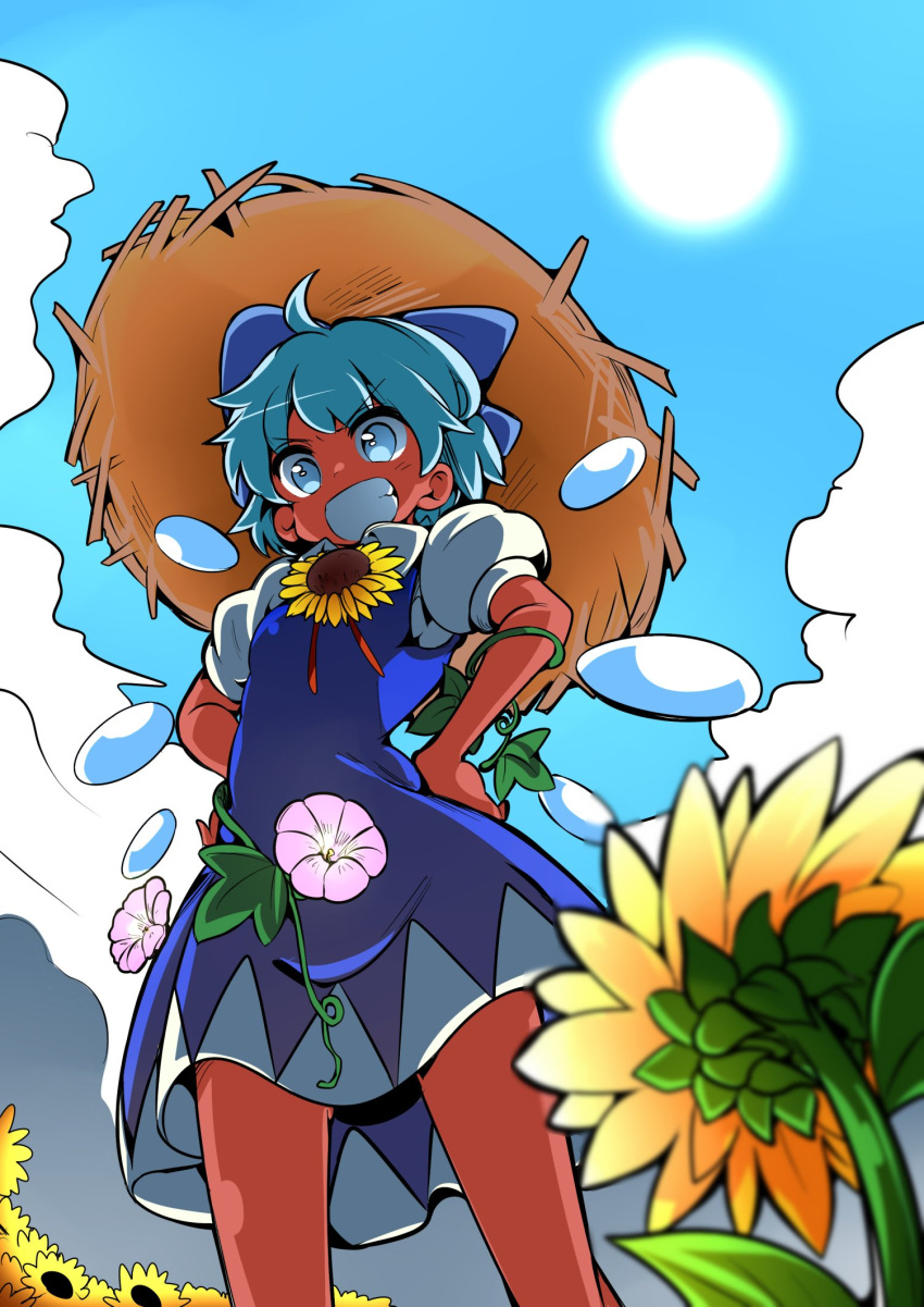 &gt;:) 1girl ahoge baba_(baba_seimaijo) bangs blue_bow blue_dress blue_eyes blue_hair blue_sky blurry bow cirno cowboy_shot day depth_of_field dress flower grin hair_bow hands_on_hips hat hidden_star_in_four_seasons highres looking_at_viewer morning_glory plant puffy_short_sleeves puffy_sleeves short_hair short_sleeves sky smile solo straw_hat sun sun_hat sunflower tan touhou vines