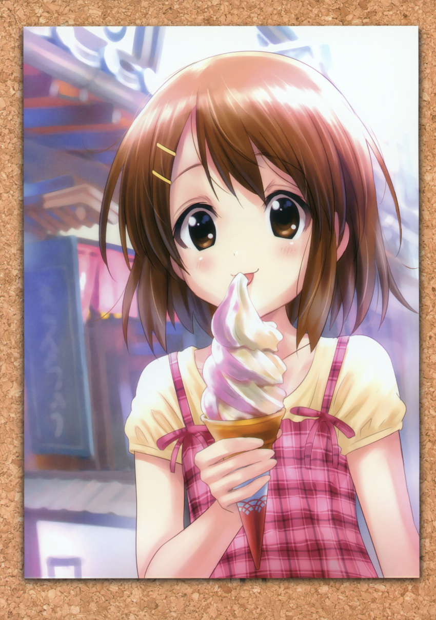 1girl absurdres blush brown_eyes brown_hair casual food goto_p hair_ornament hairclip highres hirasawa_yui huge_filesize ice_cream k-on! licking short_hair smile solo tongue