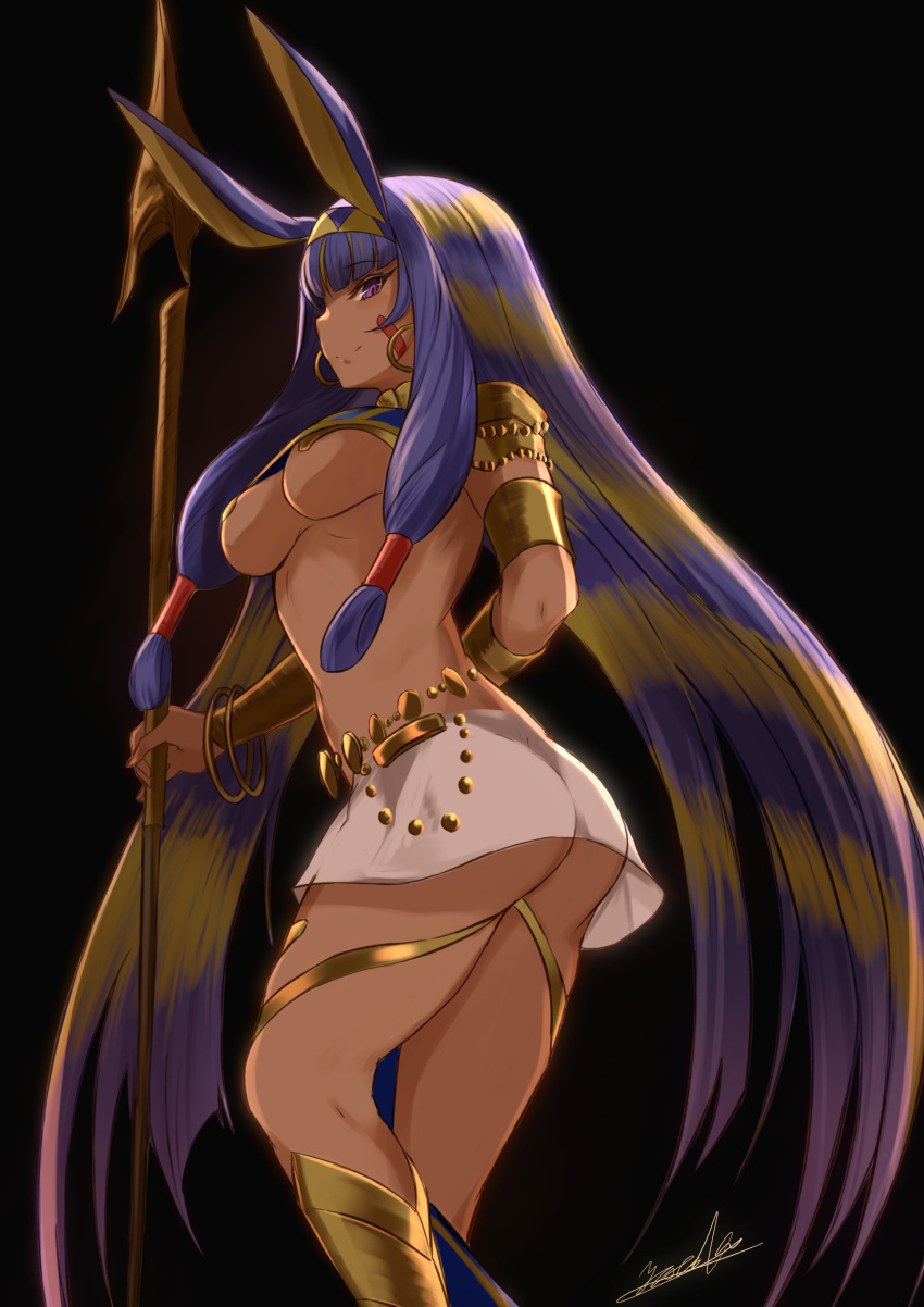 1girl absurdres blush bracelet breasts dark_skin earrings egyptian egyptian_clothes facial_mark fate/grand_order fate_(series) hairband highres hoop_earrings jewelry long_hair looking_at_viewer nitocris_(fate/grand_order) purple_hair sidelocks solo standing very_long_hair violet_eyes yatsuka_(846)