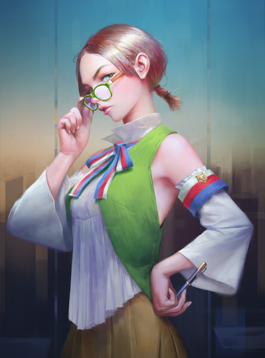 1girl adjusting_glasses arata_yokoyama arm_up blue_eyes blue_ribbon brown_hair detached_sleeves eyebrows glasses green-framed_eyewear green_vest hand_on_hip hands highres holding holding_pen lips looking_at_viewer multicolored multicolored_ribbon nababa nose open_mouth parted_lips ponytail profile realistic red_ribbon ribbon shiny shiny_hair short_hair short_ponytail solo vest white_ribbon wide_sleeves