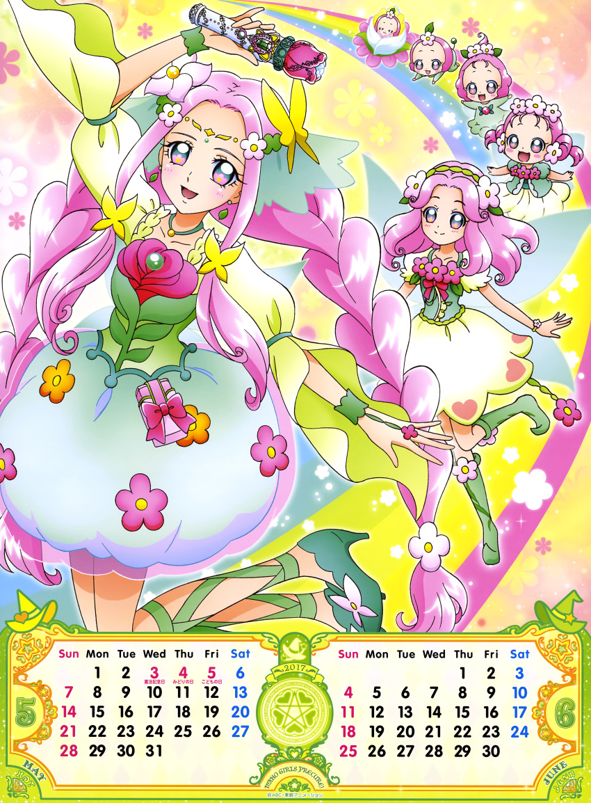 2017 6+girls absurdres age_progression arm_up artist_request baby blue_skirt boots braid bubble_skirt calendar cure_felice earrings flower green_boots green_eyes green_ribbon green_shoes ha-chan_(mahou_girls_precure!) hair_flower hair_ornament hanami_kotoha highres jewelry june knee_boots leg_ribbon long_hair looking_at_viewer magical_girl mahou_girls_precure! may multicolored multicolored_eyes multiple_girls multiple_persona official_art pink_eyes pink_hair precure rainbow ribbon shoes short_hair skirt smile standing standing_on_one_leg twin_braids wand white_skirt