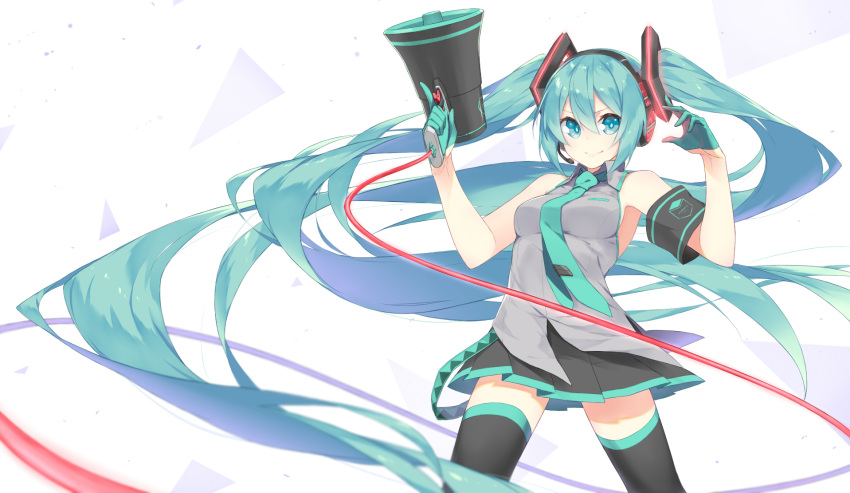 1girl absurdly_long_hair aqua_eyes aqua_hair arms_up fhang floating_hair gloves hatsune_miku headset highres long_hair megaphone necktie skirt smile solo thigh-highs trigger_discipline twintails very_long_hair vocaloid white_background