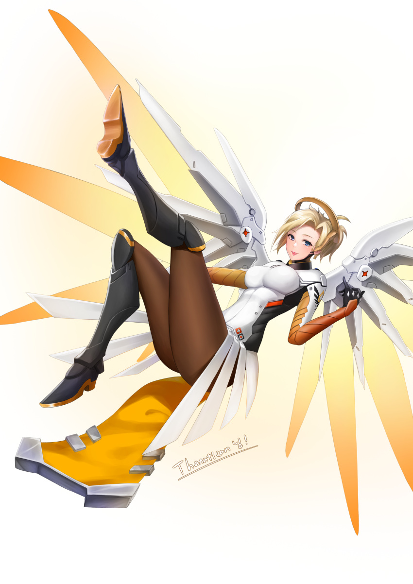 1girl absurdres blonde_hair bodysuit breasts brown_legwear emblem faulds glowing glowing_wings gradient gradient_background greaves hair_tie high_ponytail highres jai_(whany1998) leaning_back leg_up looking_at_viewer mechanical_halo mechanical_wings medium_breasts mercy_(overwatch) nose one_leg_raised open_mouth overwatch pelvic_curtain pink_lips smile solo spread_wings swiss_flag white_background wings yellow_wings