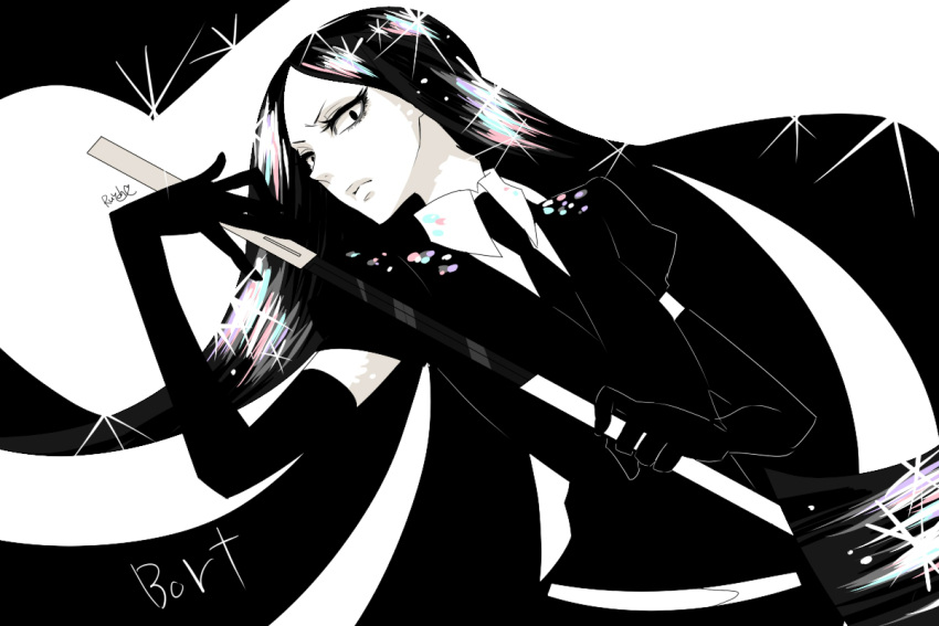 androgynous black_hair bort elbow_gloves gloves houseki_no_kuni katana long_hair solo sparkle sword very_long_hair weapon