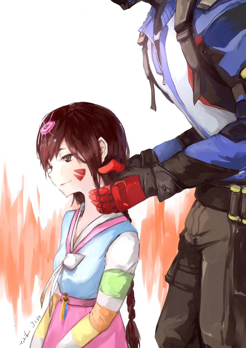 1boy 1girl absurdres alternate_costume alternate_hairstyle bangs braid brown_eyes brown_hair bunny_hair_ornament d.va_(overwatch) facepaint facial_mark hair_ornament hanbok hand_in_another's_hair head_out_of_frame height_difference highres jacket korean_clothes long_hair long_sleeves mask overwatch palanquin_d.va pink_skirt sketch skirt smile soldier:_76_(overwatch) striped_sleeves tokiku tying_hair whisker_markings younger