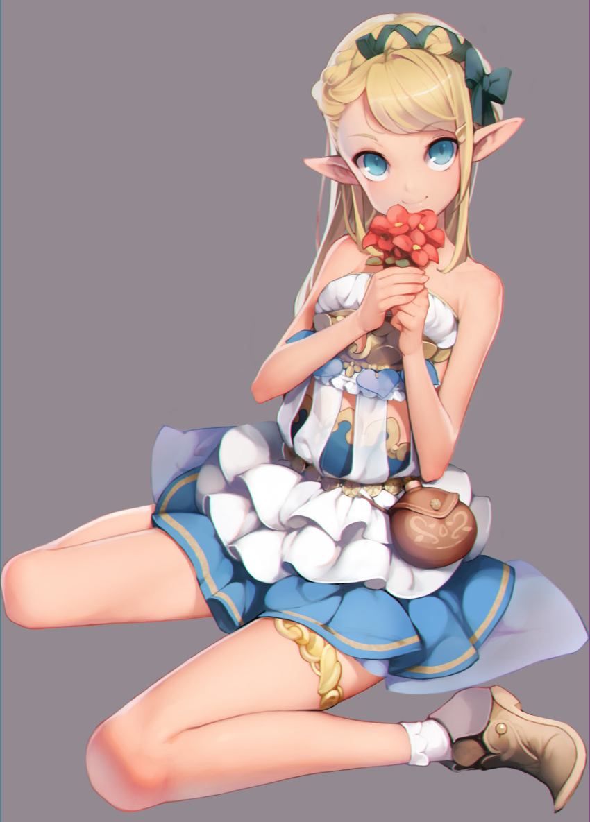 1girl ataruman bangs bare_arms bare_shoulders blonde_hair blue_bow blue_ribbon bow braid breasts brown_shoes closed_mouth crown_braid dress elf eyebrows_visible_through_hair facing_viewer fantasy flower frilled_dress frills full_body hair_bow hair_ribbon highres holding holding_flower long_hair looking_at_viewer original own_hands_together pointy_ears red_flower ribbon see-through shiny shiny_hair shoes short_dress simple_background sitting small_breasts smile socks solo strapless strapless_dress swept_bangs thighlet w_arms wariza white_legwear