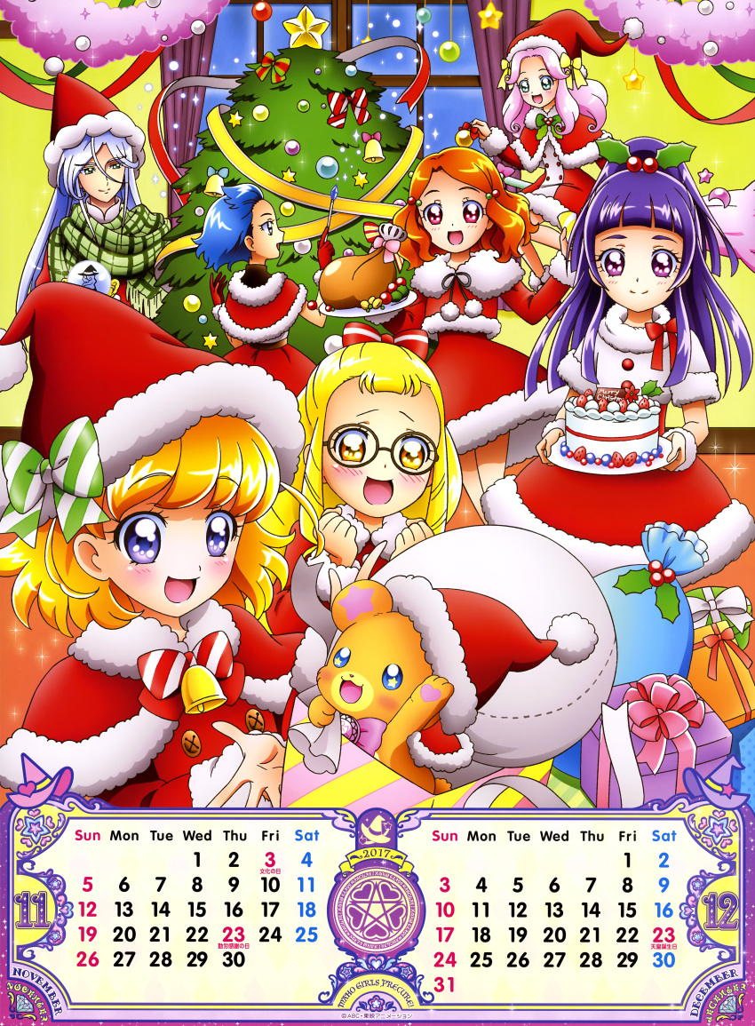 1boy 2017 6+girls :d absurdres artist_request asahina_mirai bear blonde_hair blue_hair bow brown_hair calendar christmas christmas_tree december dress emily_(mahou_girls_precure!) gift glasses gloves ha-chan_(mahou_girls_precure!) hair_bow half_updo hanami_kotoha hat highres izayoi_liko jun_(mahou_girls_precure!) kei_(mahou_girls_precure!) kouchou_(mahou_girls_precure!) long_hair mahou_girls_precure! mofurun_(mahou_girls_precure!) multiple_girls november official_art open_mouth orange_eyes pink_hair precure purple_hair red_dress red_eyes red_gloves red_hat ringlets sack santa_costume santa_hat shawl short_hair silver_hair smile striped striped_bow violet_eyes