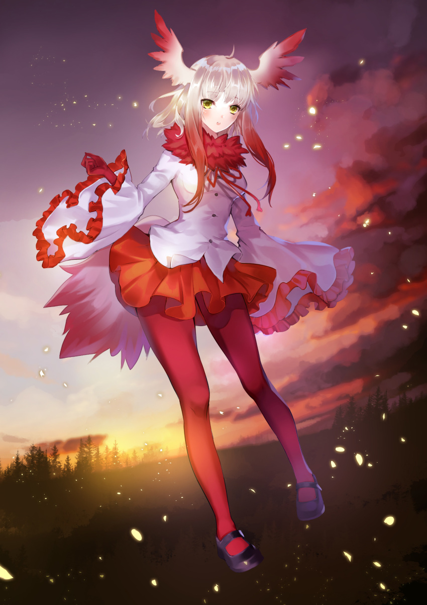 1girl gloves head_wings highres japanese_crested_ibis_(kemono_friends) kemono_friends long_hair long_sleeves looking_at_viewer multicolored_hair pantyhose red_legwear redhead shente_(sharkpunk) skirt solo two-tone_hair white_hair
