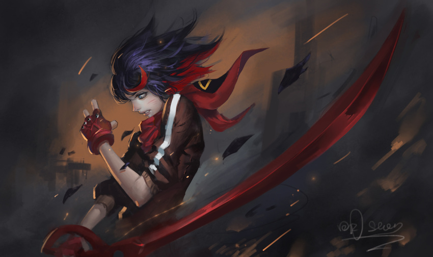 1girl black_hair blood blue_eyes clenched_teeth embers eyelashes fingerless_gloves from_side gloves hand_up highres holding holding_sword holding_weapon injury jacket kill_la_kill matoi_ryuuko multicolored_hair nose open_mouth profile purple_hair red_gloves redhead riyueseven scarf scissor_blade senketsu senketsu_(scarf) shards short_hair single_glove sleeves_pushed_up solo streaked_hair sword teeth track_jacket two-tone_hair upper_body weapon