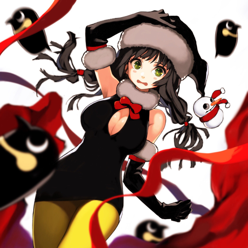 1girl bird black_dress black_gloves black_hair blurry blush_stickers bow bowtie breasts depth_of_field dress elbow_gloves embarrassed fur-trimmed_gloves fur_collar fur_trim gloves green_eyes hand_on_head hat highres jun_(seojh1029) large_breasts long_hair looking_at_viewer penguin red_bow red_bowtie red_ribbon ribbon santa_hat short_dress simple_background snowman solo tied_hair twintails white_background yellow_legwear