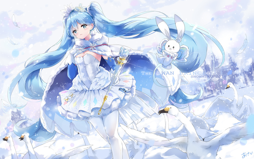1girl aqua_eyes aqua_hair arm_up bangs bird blush breasts cape dress earrings elbow_gloves eyebrows eyebrows_visible_through_hair feathers gloves goose hatsune_miku highres holding jewelry k.syo.e+ long_hair looking_at_viewer open_mouth pantyhose petticoat rabbit revision signature sleeveless sleeveless_dress snow snowing solo twintails very_long_hair vocaloid wand white_cape white_dress white_gloves white_legwear yuki_miku yukine_(vocaloid)