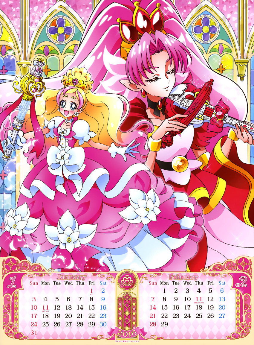 2016 2girls :d absurdres akagi_towa artist_request bangs belt black_choker blonde_hair bow bracelet calendar closed_eyes cure_flora cure_scarlet detached_sleeves dress earrings february flower flower_earrings flower_necklace gloves go!_princess_precure green_eyes haruno_haruka highres instrument january jewelry long_hair looking_at_viewer magical_girl mode_elegant_(go!_princess_precure) multicolored_hair multiple_girls necklace official_art open_mouth parted_bangs pink_dress pink_hair pointy_ears precure shiny shiny_hair smile streaked_hair thick_eyebrows two-tone_hair violin wand white_bow white_gloves