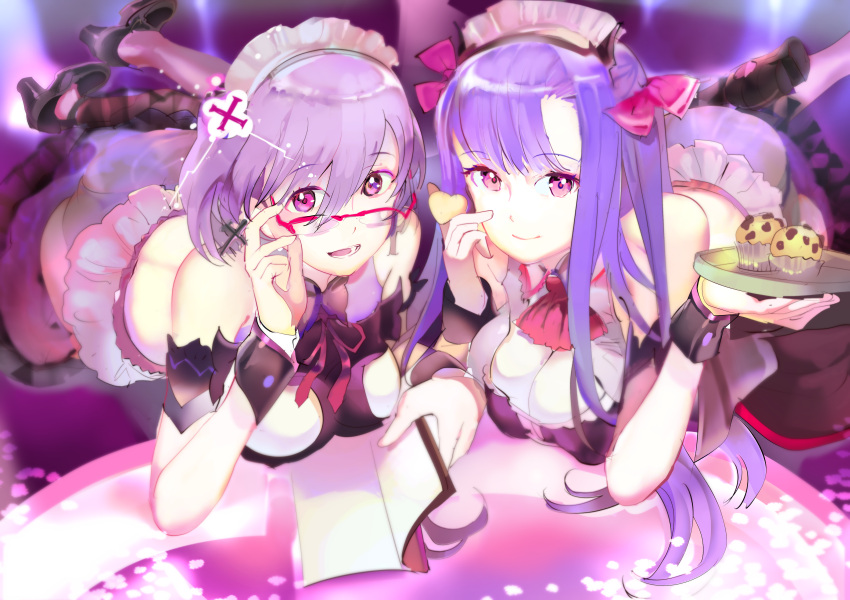 119 2girls adjusting_glasses alternate_costume bare_shoulders bb_(fate/extra_ccc) book breasts character_request cleavage cookie fate/grand_order fate_(series) food glasses high_heels highres lying maid_headdress matou_sakura muffin multiple_girls on_stomach purple_hair ribbon shielder_(fate/grand_order) violet_eyes