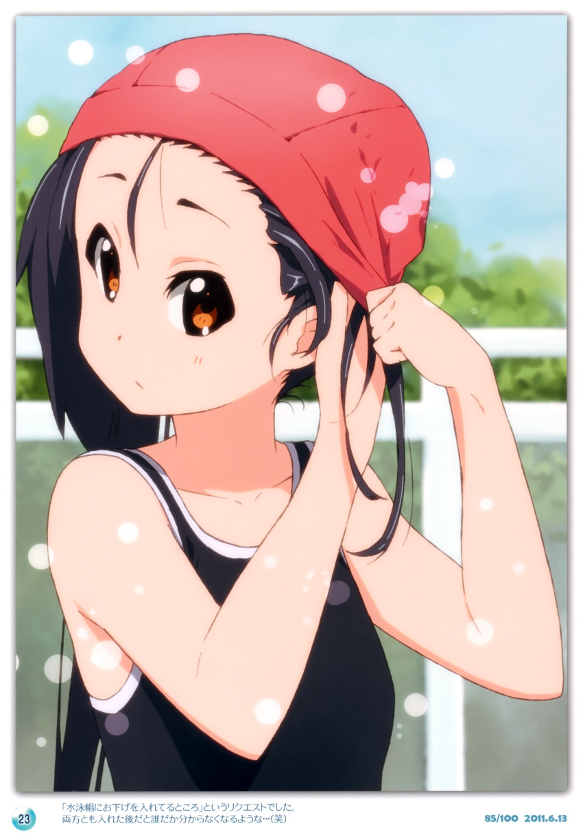 1girl 2011 absurdres adjusting_hair alternate_hairstyle black_hair brown_eyes dated day errant highres k-on! long_hair nakano_azusa solo swim_cap swimsuit twintails upper_body