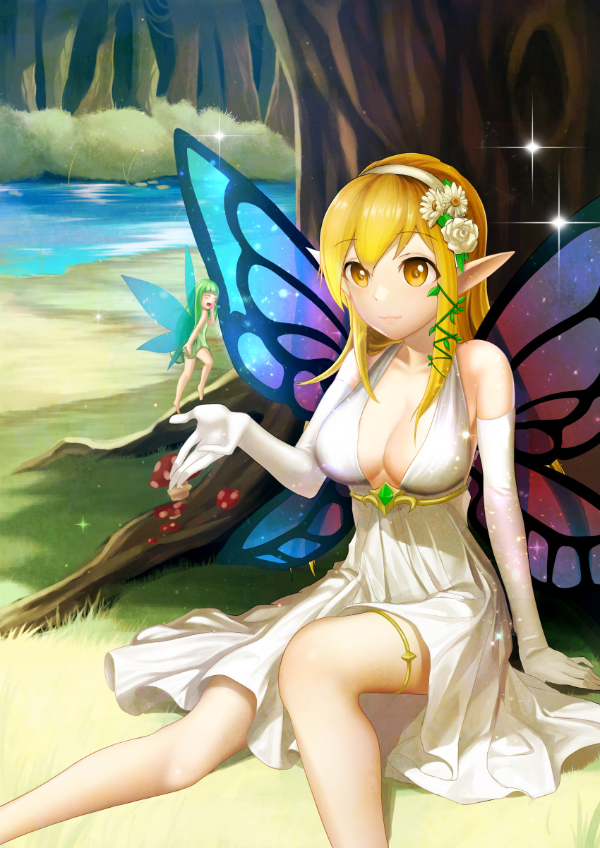 1girl absurdres arm_at_side bangs bare_shoulders blonde_hair blunt_bangs blush breasts breasts_apart bush cleavage closed_mouth collarbone daisy day dress elbow_gloves eyebrows_visible_through_hair fairy fairy_wings flower gloves grass green_eyes green_shirt hair_flower hair_ornament hairband hand_to_own_mouth hand_up highres jai_(whany1998) knee_up leaf lips long_hair medium_breasts mushroom nature original outdoors plant pointy_ears river scenery shirt sidelocks sleeveless sleeveless_dress smile solo sparkle thigh_strap tree water white_dress white_gloves white_hairband wings