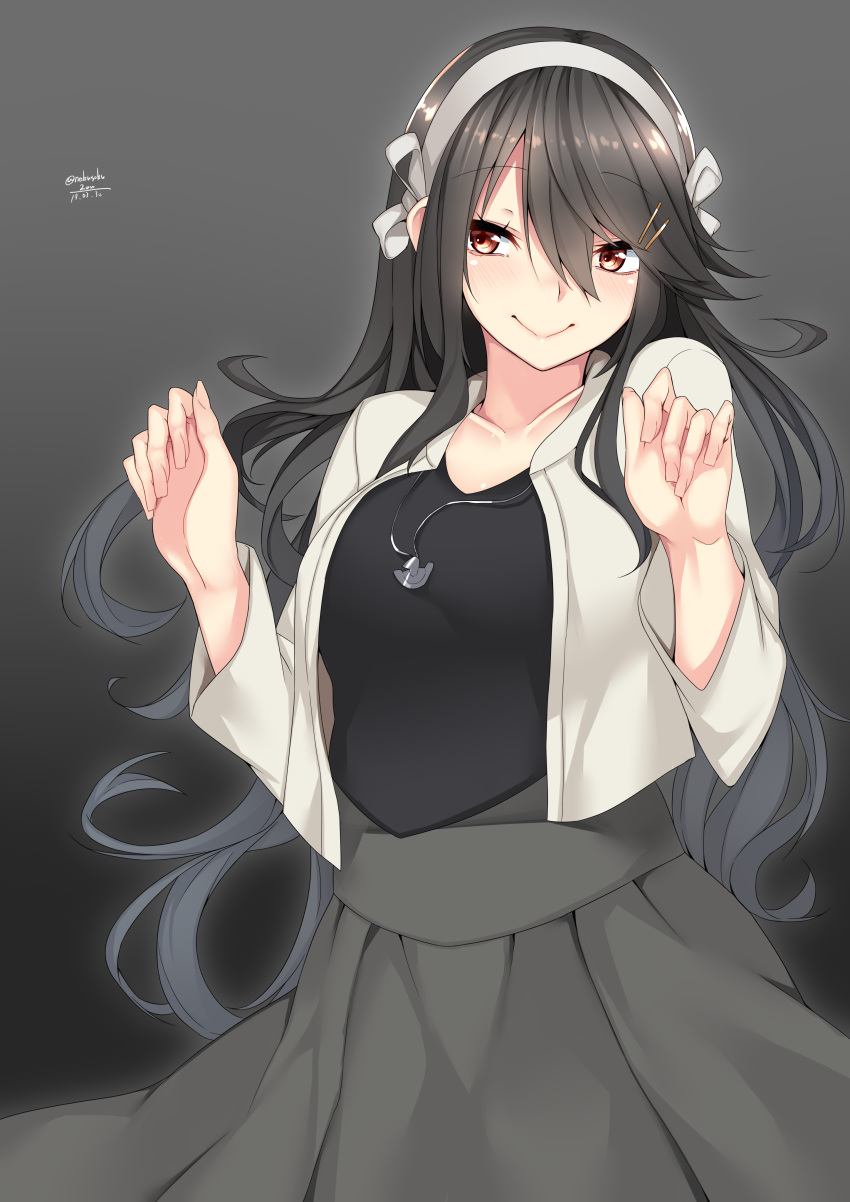 1girl absurdres alternate_costume black_blouse black_dress black_hair blouse blush breasts brown_eyes casual collarbone dress eyebrows_visible_through_hair gradient gradient_background grey_background hair_between_eyes hair_ornament hairclip hands_up haruna_(kantai_collection) headband highres jacket jewelry kantai_collection large_breasts long_hair long_sleeves looking_at_viewer nebusoku necklace shiny shiny_hair simple_background smile solo white_jacket