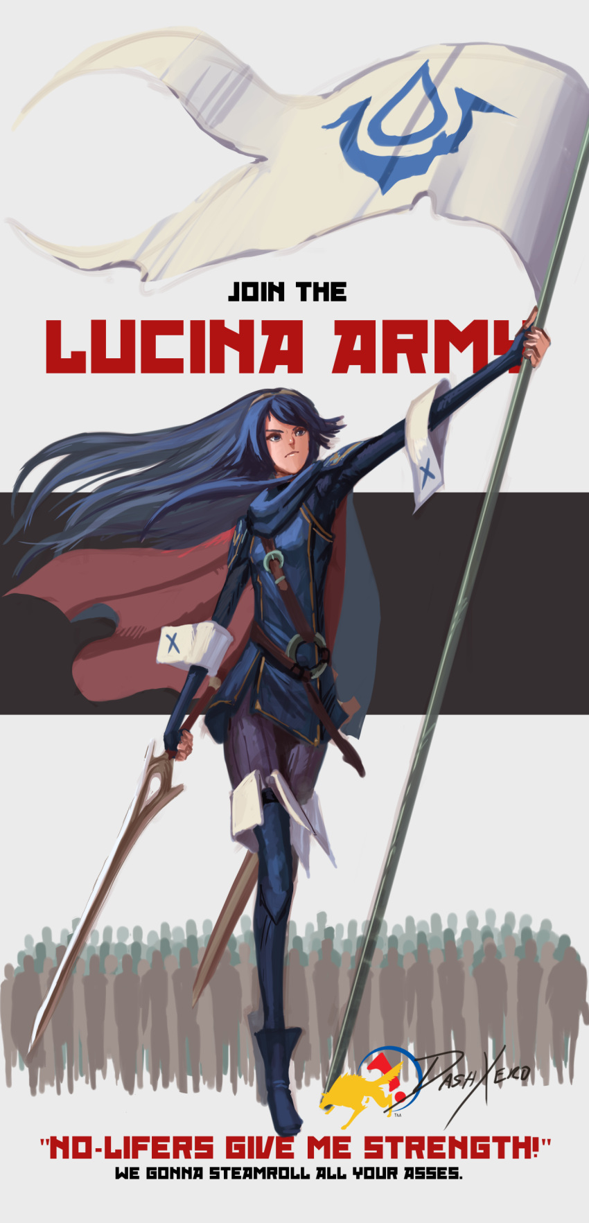 1girl absurdres army blue_eyes blue_hair cape dashxero falchion_(fire_emblem) fire_emblem fire_emblem:_kakusei fire_emblem_heroes flag full_body gloves highres long_hair looking_at_viewer lucina open_mouth solo sword tiara weapon wolf