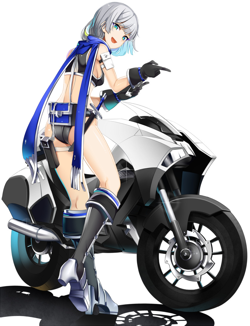 1girl :d armor armored_boots bangs bare_shoulders belt_pouch black_gloves black_panties blue_eyes blue_hair blue_scarf blunt_bangs boots breasts crop_top from_behind full_body gloves green_hair ground_vehicle highres holster knee_boots kneepits koko_shiguma looking_at_viewer looking_back motor_vehicle motorcycle multicolored_hair open_mouth original panties pointing scarf shadow sheath sheathed short_hair short_sword sideboob silver_hair small_breasts smile solo standing streaked_hair sword thigh_holster underwear weapon
