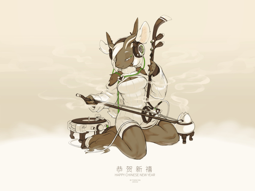 1girl 2015 artist_name bare_shoulders breasts cable chinese_new_year cleavage cleavage_cutout closed_eyes digitigrade dress extvia full_body furry goat_ears goat_girl goat_tail headphones highres hooves horns instrument long_sleeves monochrome music original phonograph playing_instrument sepia sitting smile smoke solo spot_color sweater sweater_dress turntable white_hair yokozuwari