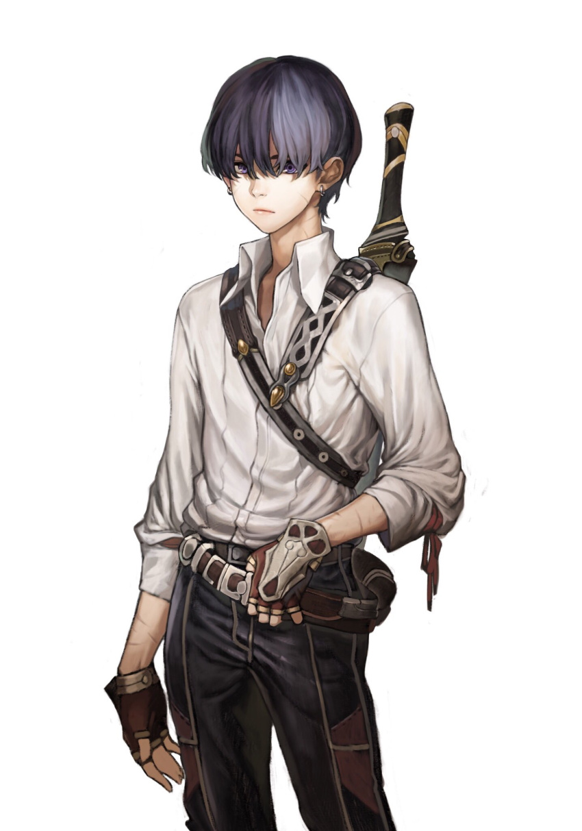 1boy belt closed_mouth collared_shirt contrapposto earrings fingerless_gloves gloves grey_hair highres jewelry jun_(seojh1029) light_frown looking_at_viewer male_focus pants shirt simple_background solo sword violet_eyes weapon white_background white_shirt