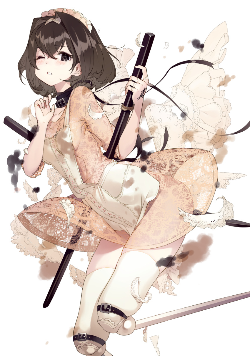1girl amputee apron black_collar black_ribbon blush bow breasts brown_dress brown_eyes brown_hair collar collarbone commentary cowboy_shot double_amputee dress fingernails hair_between_eyes hair_bow hands_up highres holding holding_sword holding_weapon katana leg_strap leg_up looking_at_viewer maid maid_headdress nail_polish neck_ribbon no_panties one_eye_closed one_leg_raised open_mouth original pink_nails prosthesis prosthetic_leg ribbon scabbard see-through sheath sheathed short_dress short_hair short_sleeves simple_background skindentation small_breasts solo standing standing_on_one_leg sword teeth thigh-highs tonito_(pixiv17595784) weapon white_apron white_background white_bow white_legwear