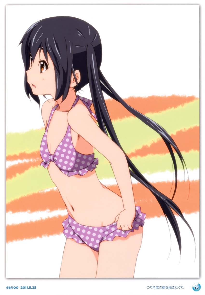 1girl 2011 absurdres bikini black_hair brown_eyes dated errant highres k-on! long_hair nakano_azusa polka_dot polka_dot_bikini polka_dot_swimsuit solo swimsuit twintails