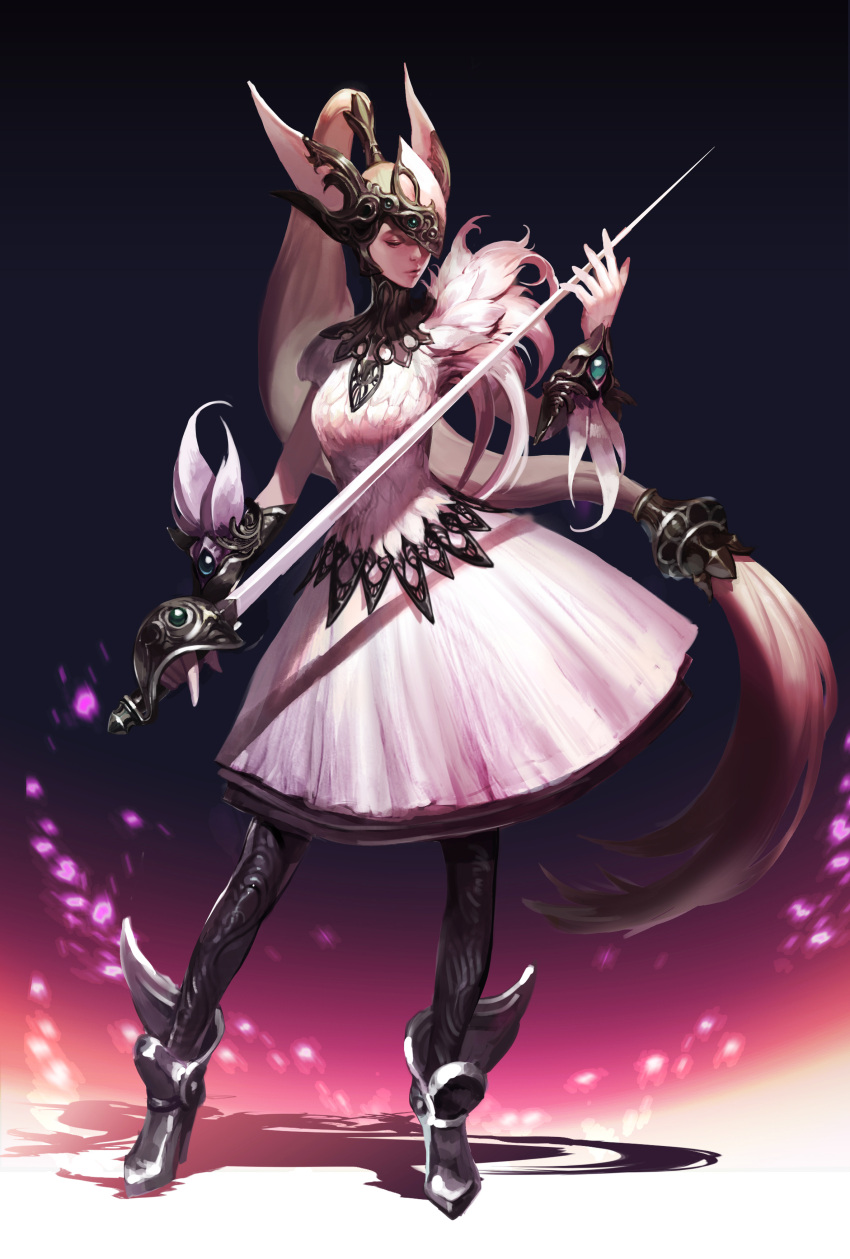 1girl absurdly_long_hair absurdres ankle_boots ankle_wings black_legwear blonde_hair boots closed_eyes closed_mouth dress full_body hair_ornament hair_tubes hand_up helmet high_ponytail highres holding holding_sword holding_weapon legs_apart lips long_hair low-tied_long_hair nose one_eye_covered original pantyhose parted_lips rapier shoes short_sleeves snow_d solo standing sword very_long_hair weapon white_dress winged_shoes wings