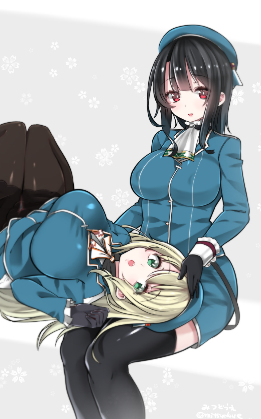 2girls atago_(kantai_collection) black_hair blonde_hair breasts commentary_request gloves hat highres kantai_collection lap_pillow large_breasts long_hair military military_uniform mitsudoue multiple_girls pantyhose red_eyes short_hair takao_(kantai_collection) thigh-highs uniform